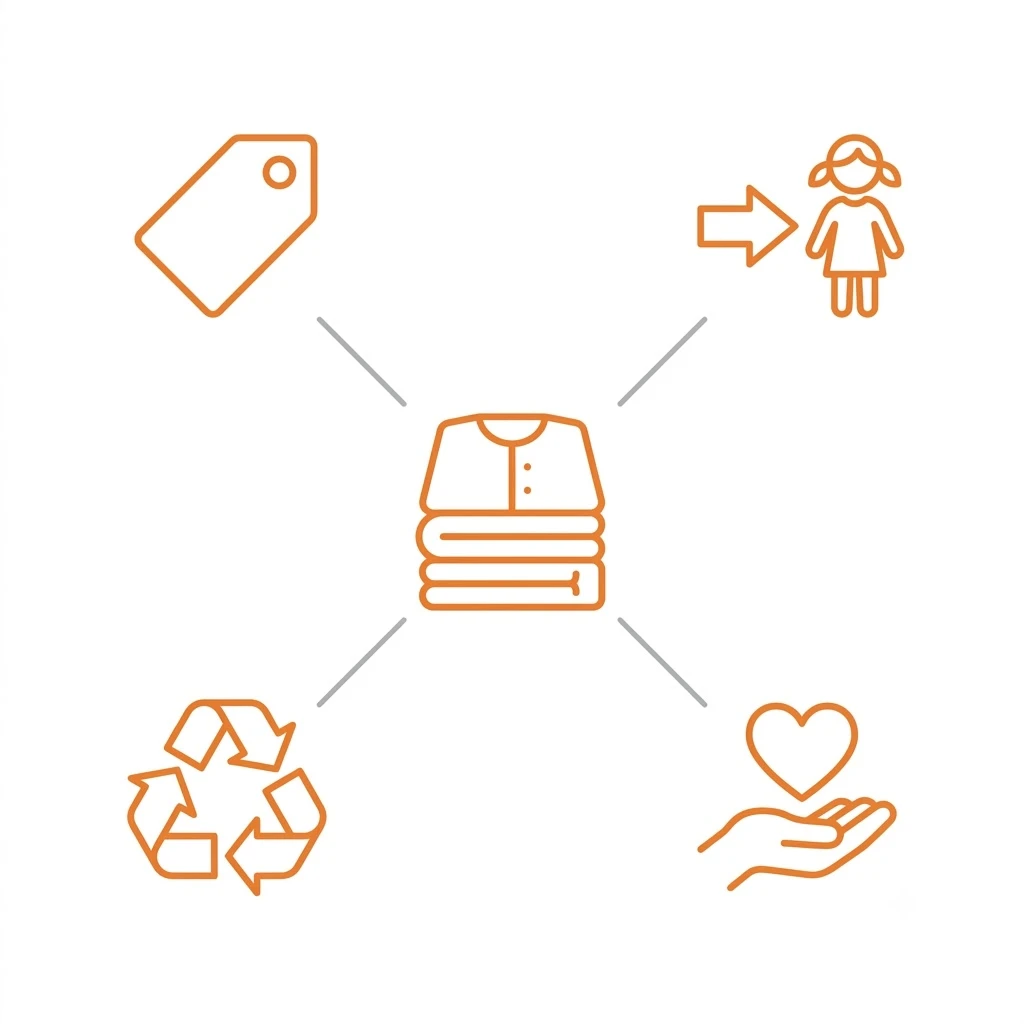 A decision-tree diagram branching one pile of clothes into four destinations: sell, hand down, donate, recycle