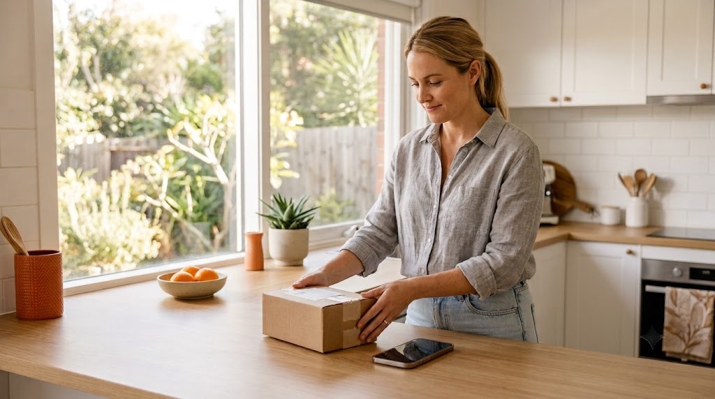 A calm Australian parent packing a small parcel of baby gear on a kitchen bench with a phone beside it, posting instead of meeting a stranger.