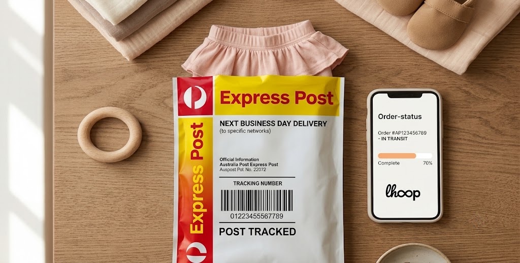 A tracked Australia Post Express Post satchel of pre-loved baby gear beside a phone showing an in-transit order status.