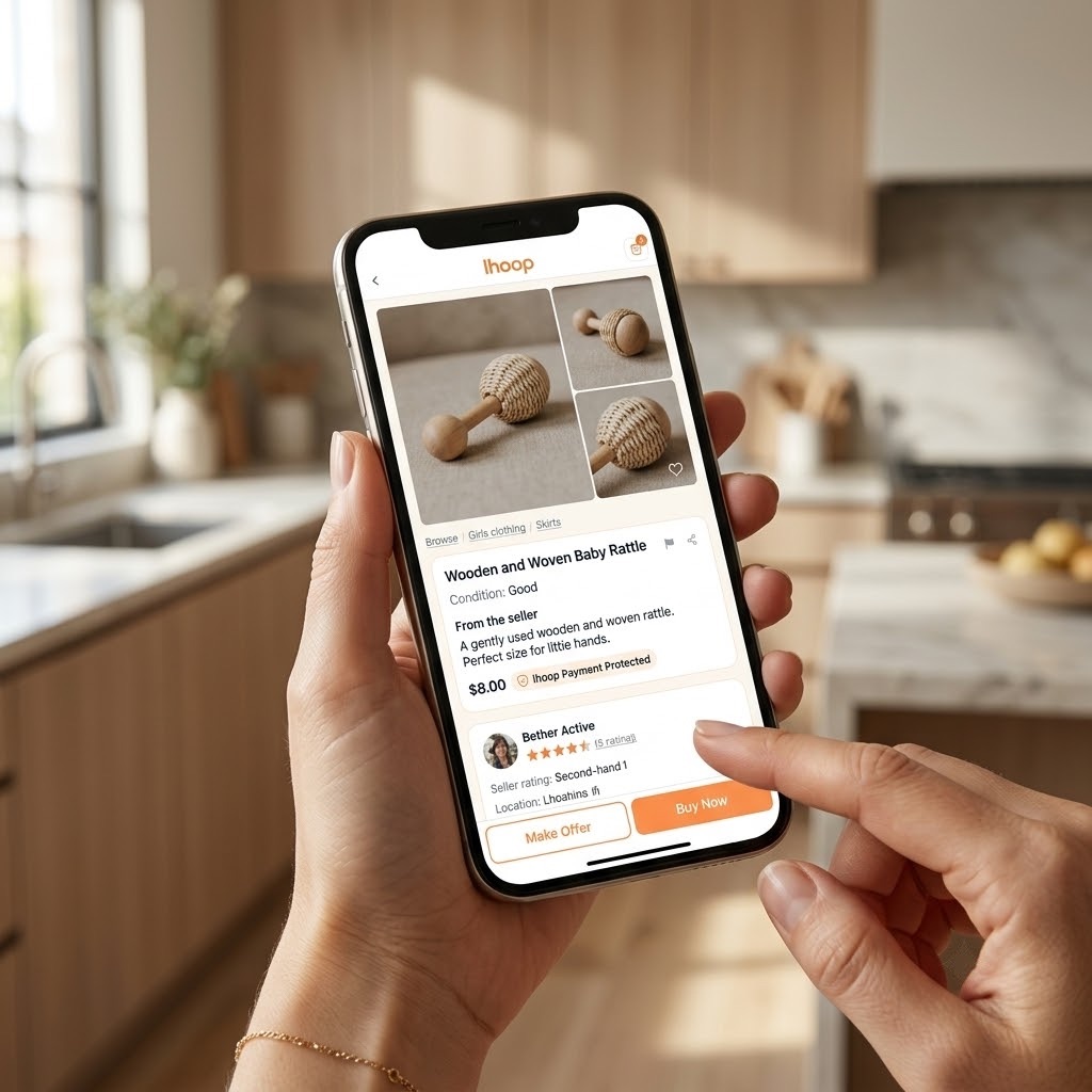 Hands holding a phone showing a pre-loved baby item listing with a payment-protected badge, in a bright kitchen.