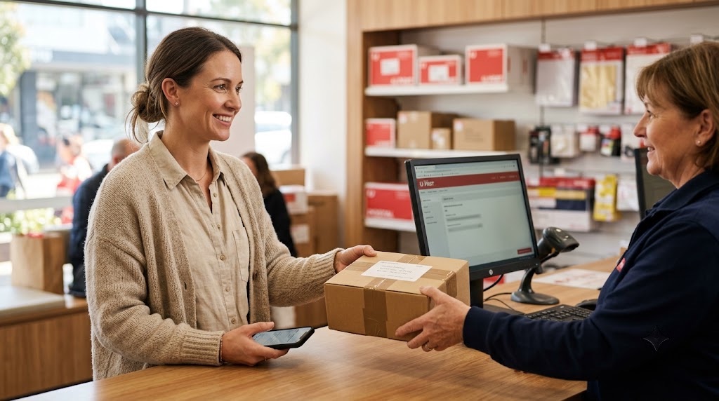 A relaxed Australian parent posting a small parcel of baby gear at a post office counter, calm instead of meeting a stranger for cash.