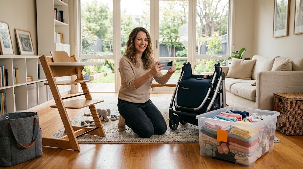 An Australian parent photographing outgrown baby gear (a pram, a tub of folded clothes, a high chair) with a phone, ready to list them for sale in a bright home.
