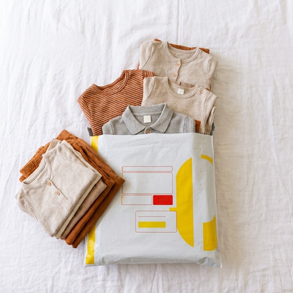 A bundle of folded kids clothes packed into a single Australia Post satchel, several pieces in one parcel.