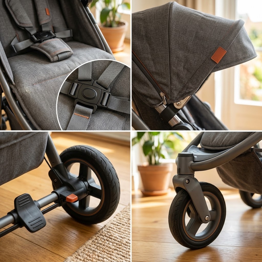 Close-up details of a second-hand pram: the harness buckle, canopy, foot brake and wheels, the parts buyers check.