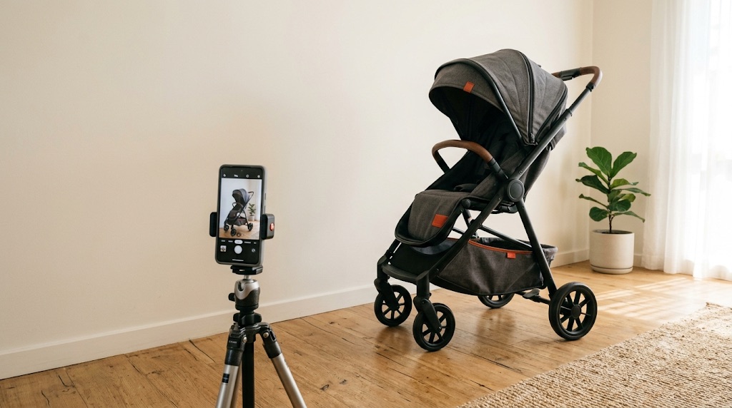 A clean pram positioned for a listing photo in a bright Australian living room, a phone on a tripod taking the shot.